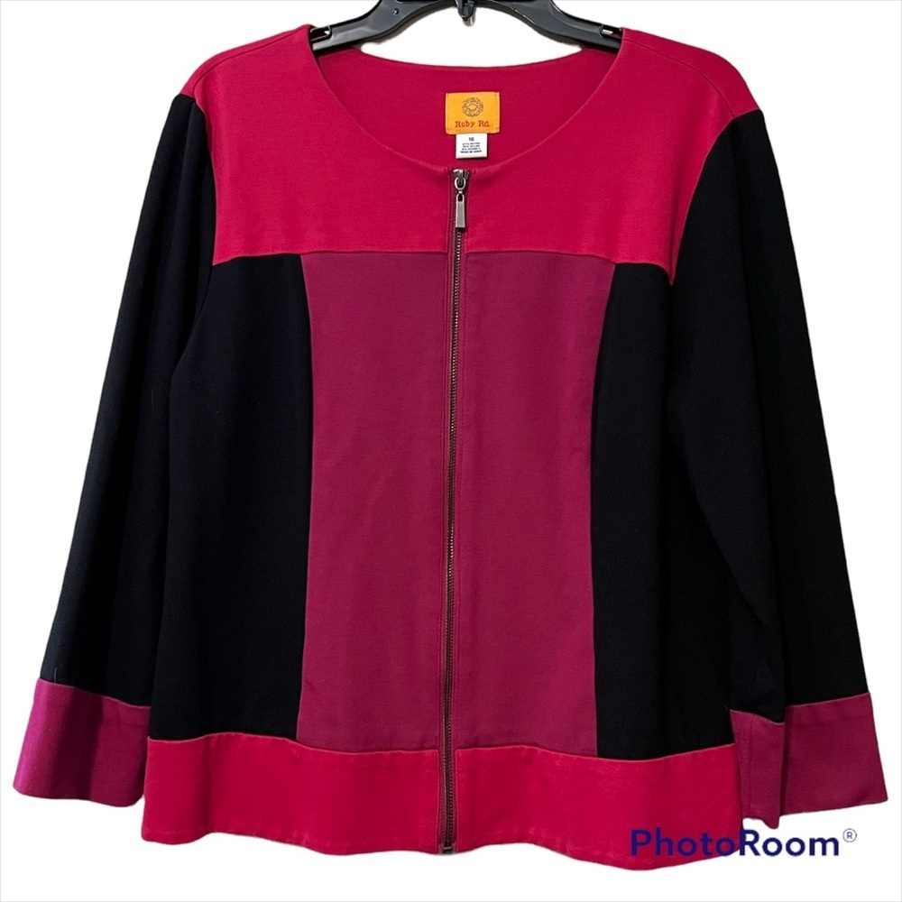 Ruby Rd. womens plus size 16 knit jacket color block full zip 3/4 sleeves